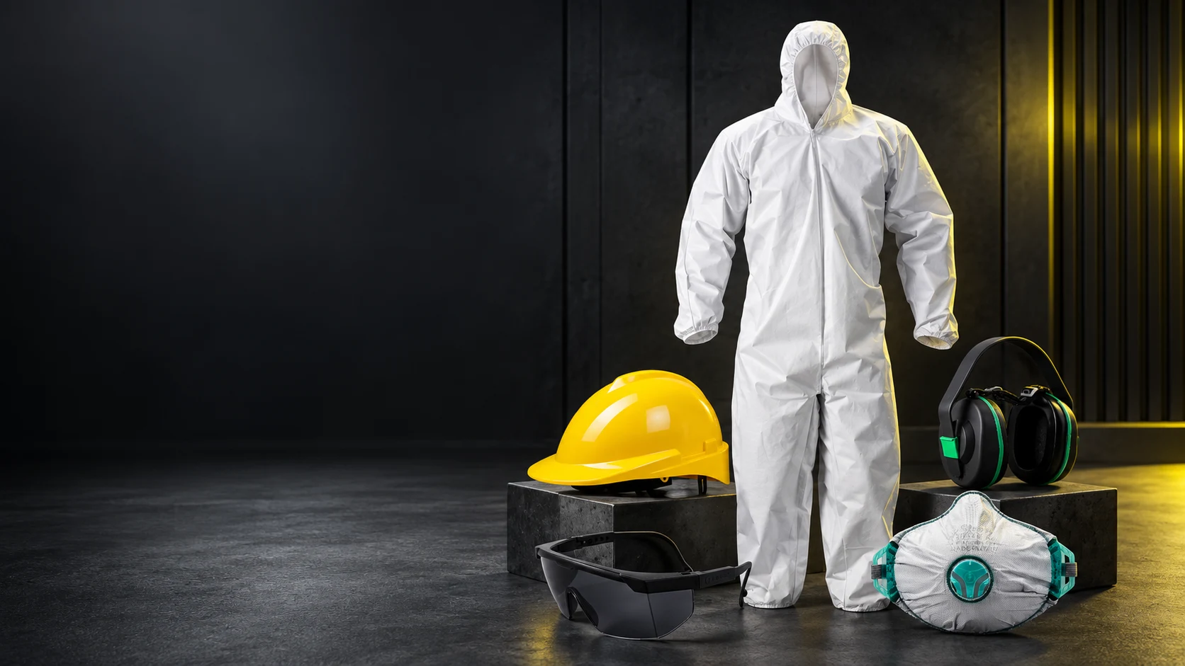 Kit de elementos de protección personal: casco, protección visual, auditiva, respiratoria y guantes